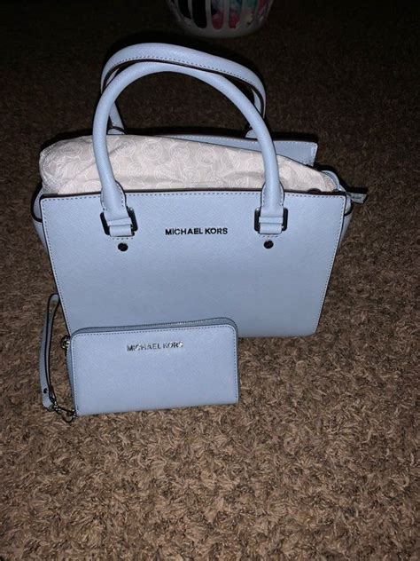 navy blue brown trim and straps michael kors bag|baby blue Michael Kors bag.